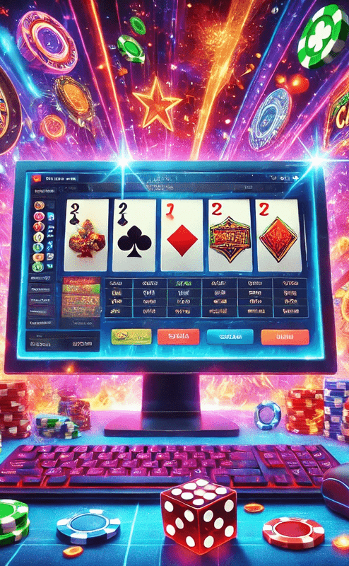 A vibrant and energetic scene depicting an online casino. The main focus is a computer or smartphone screen showing various casino games such as slot